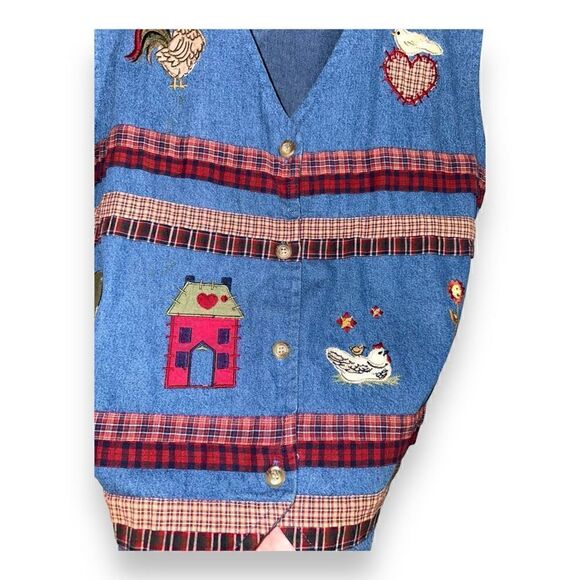 80s Bobbie Brooks Embroidered Denim Farm Patch Vest Size L - Picture 4 of 14